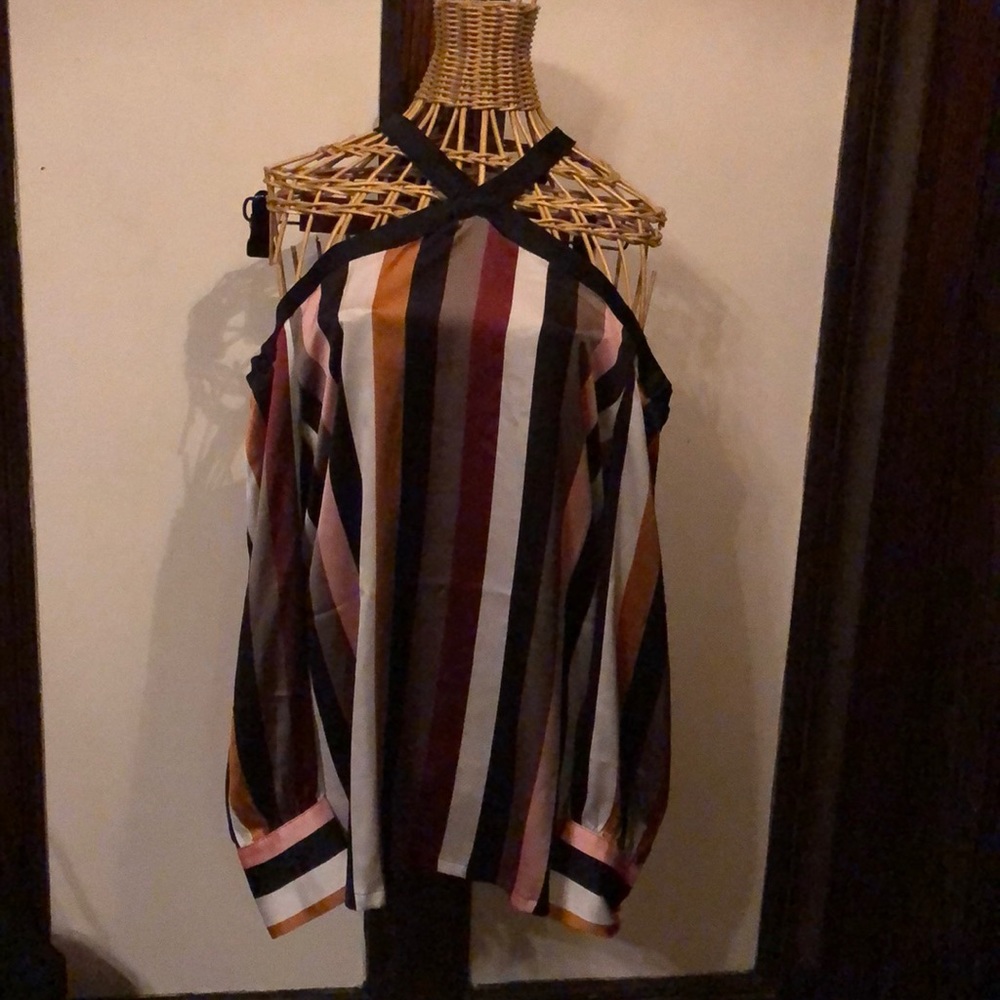 Striped long sleeve cut out shoulders silk blouse